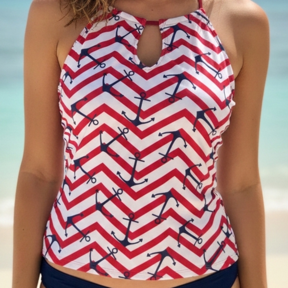 [[Unbranded]] Nautical Red and White Women's Swim Top
